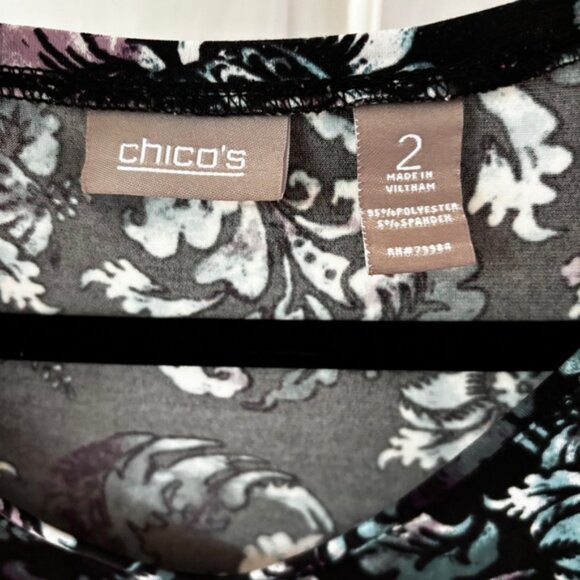Chico's Size 2‎ Purple Black Teal Floral V Neck Blouse Chicos Large Flowy Slinky - Picture 5 of 8